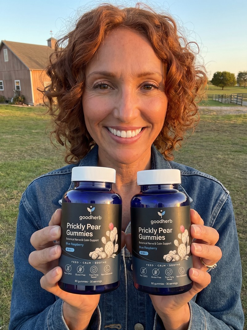 Lisa J. holding Goodherb Prickly Pear Gummies